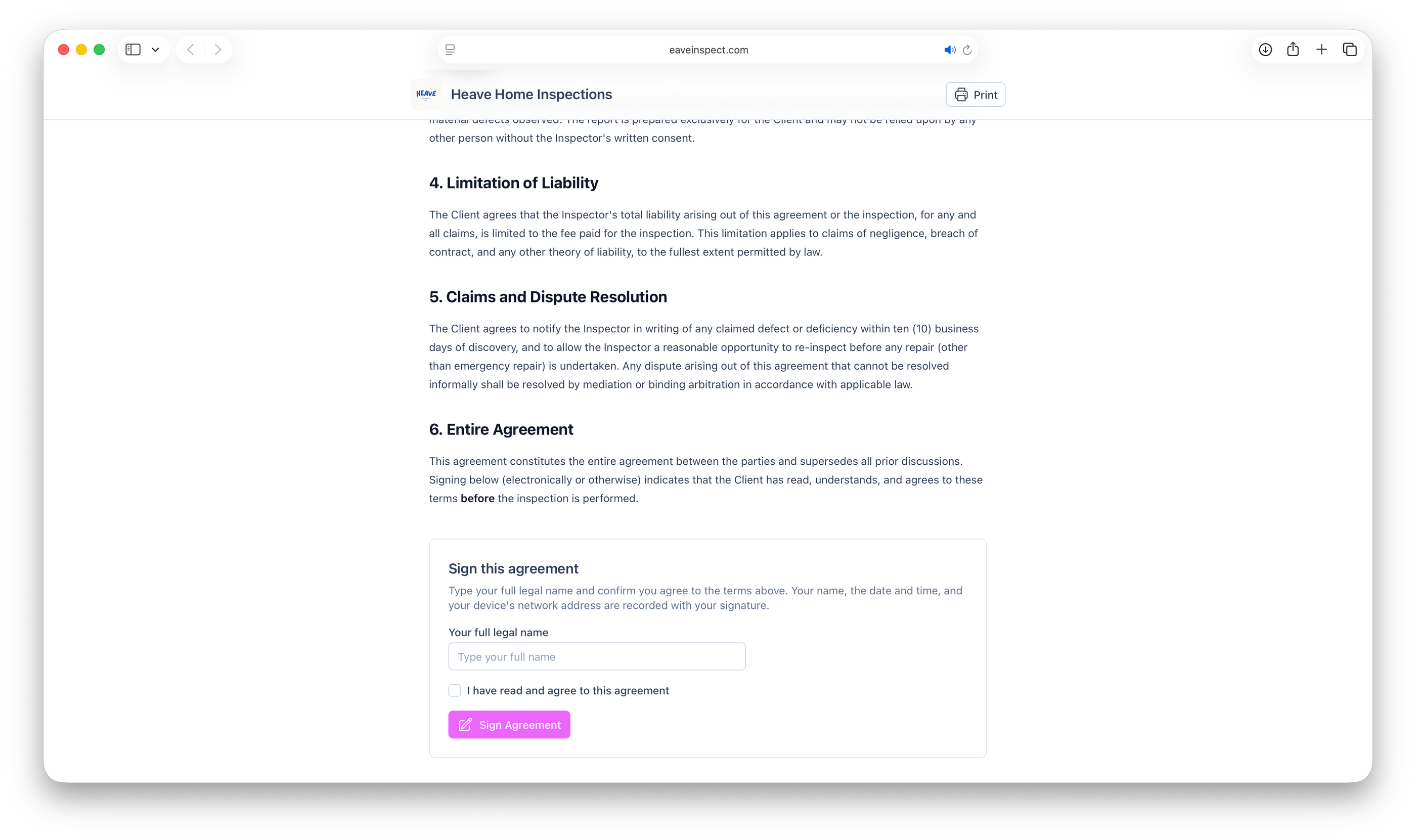 Screenshot of a client signing an Eave agreement