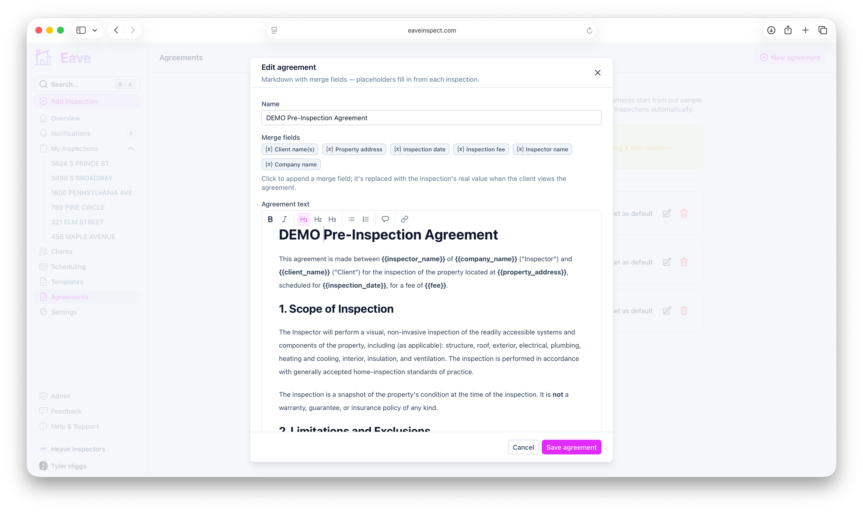 Screenshot of the Eave agreement editor