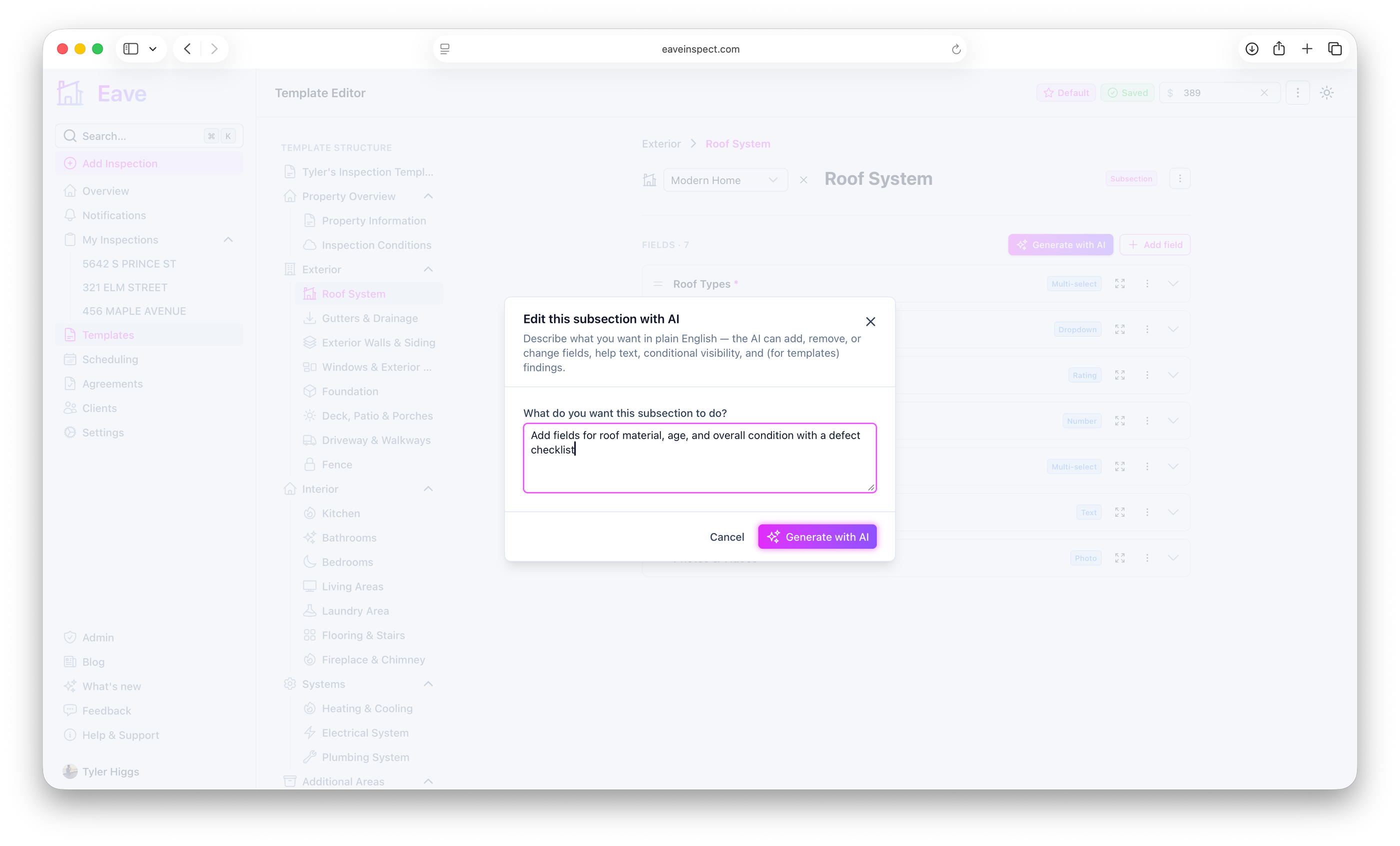 Screenshot of generating an Eave template subsection with AI