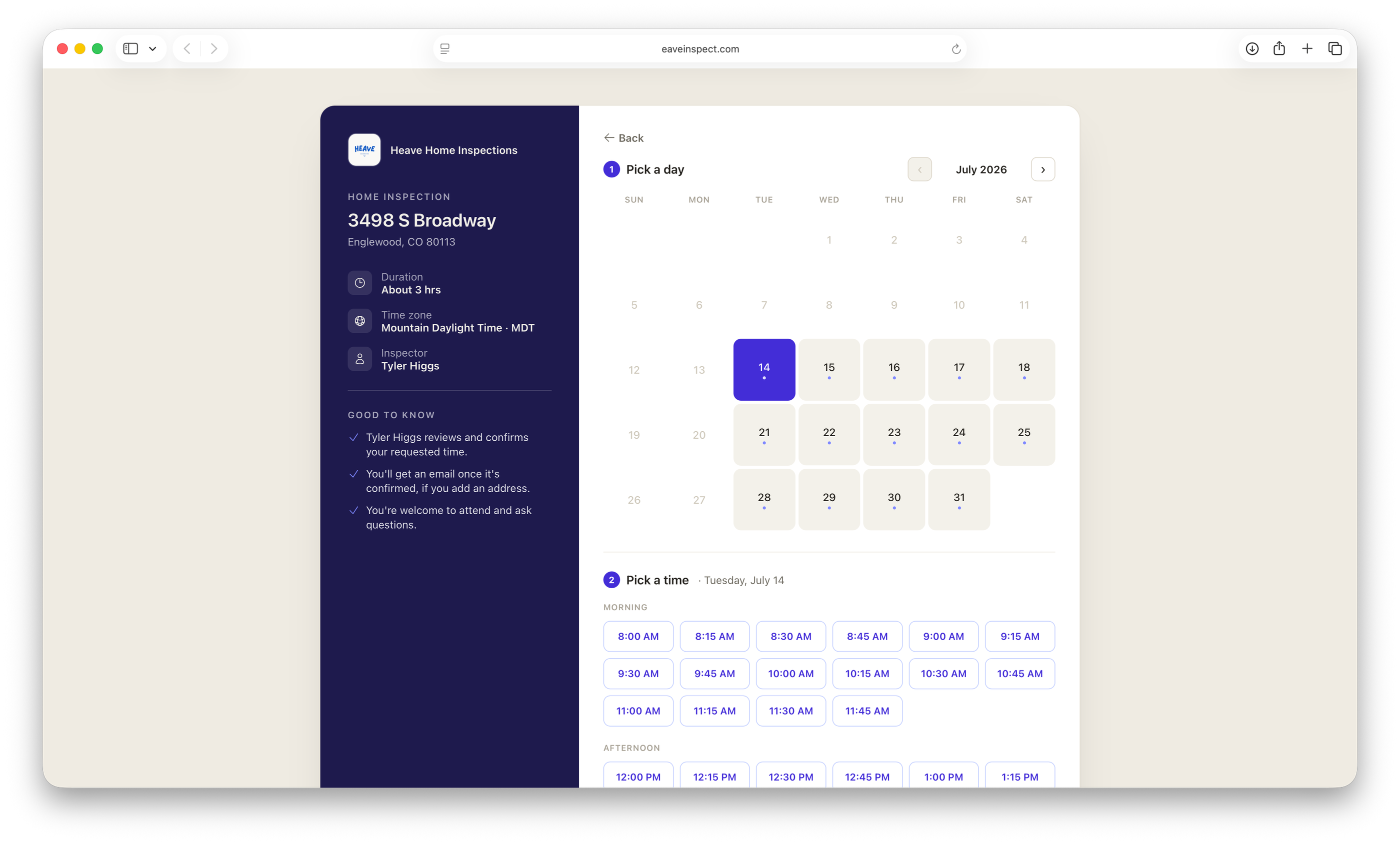 Screenshot of the Eave client booking calendar