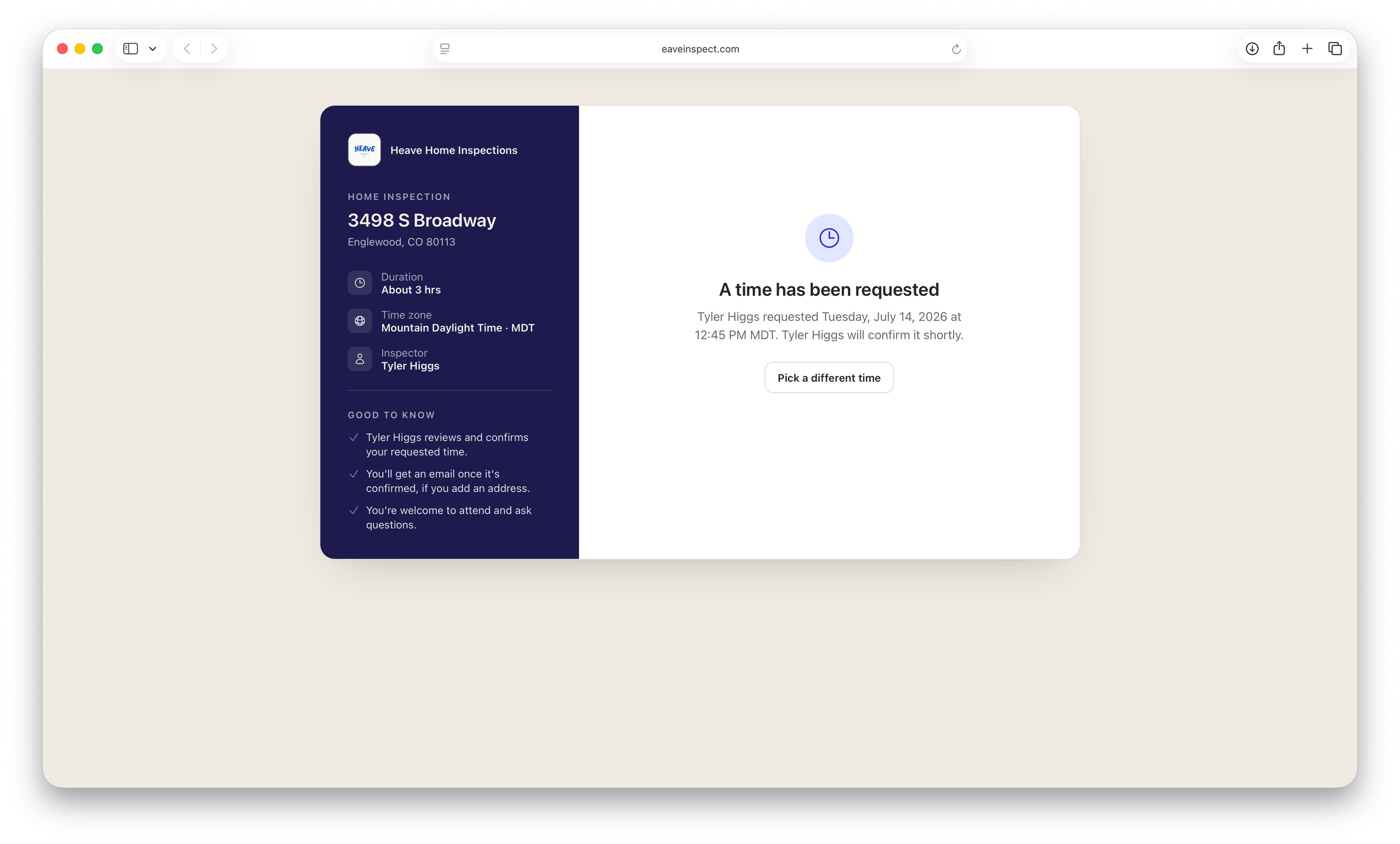 Screenshot of a confirmed Eave client booking