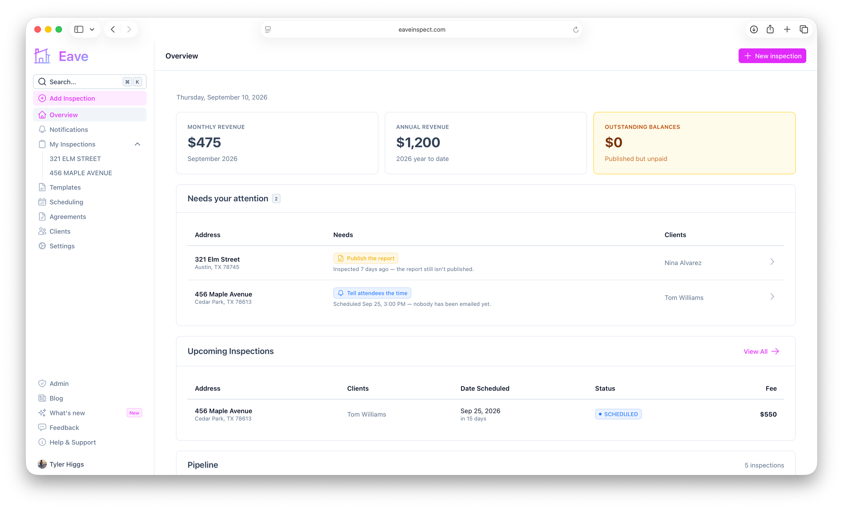 Screenshot of the Eave dashboard's Needs your attention table