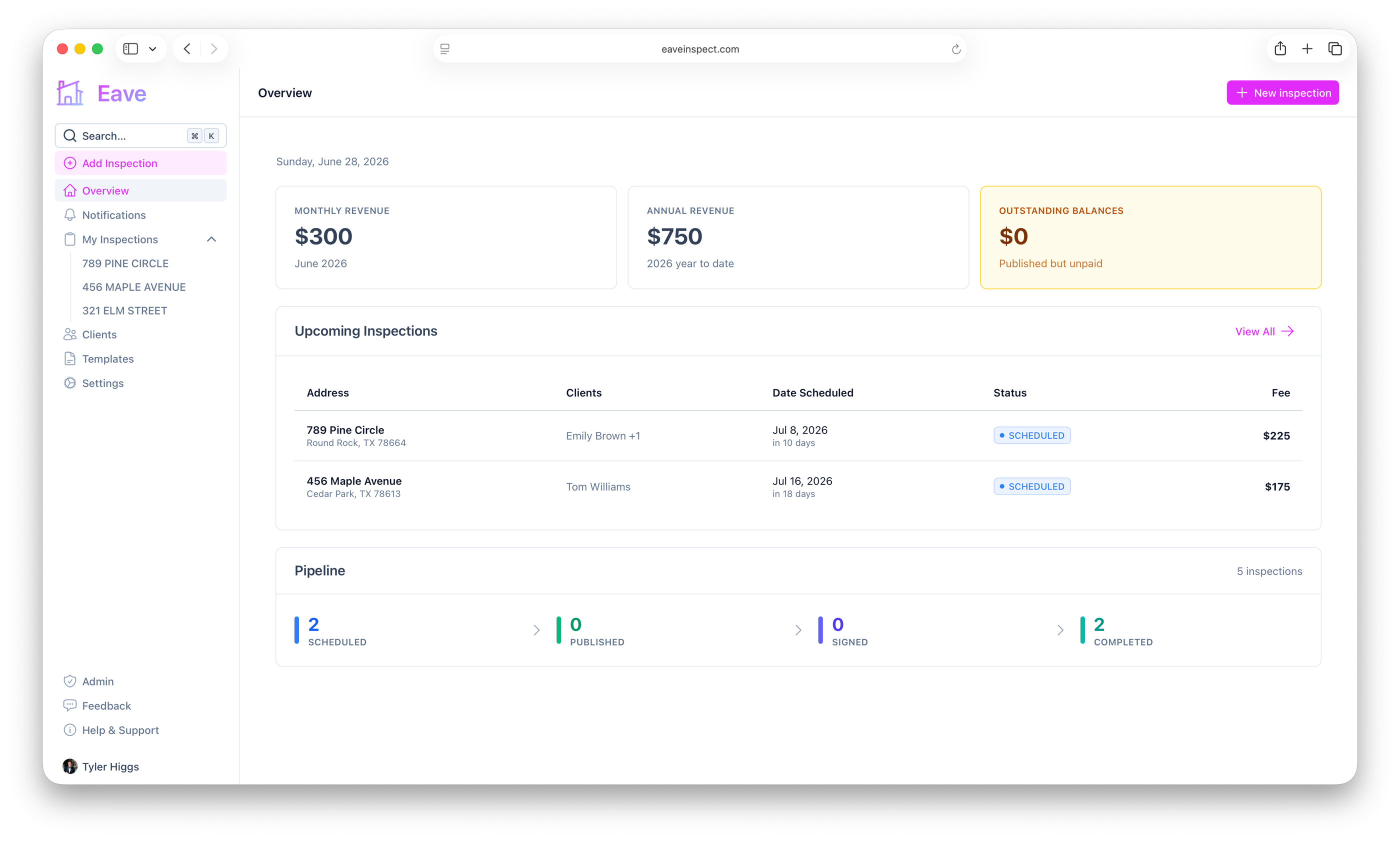 Screenshot of the Eave dashboard