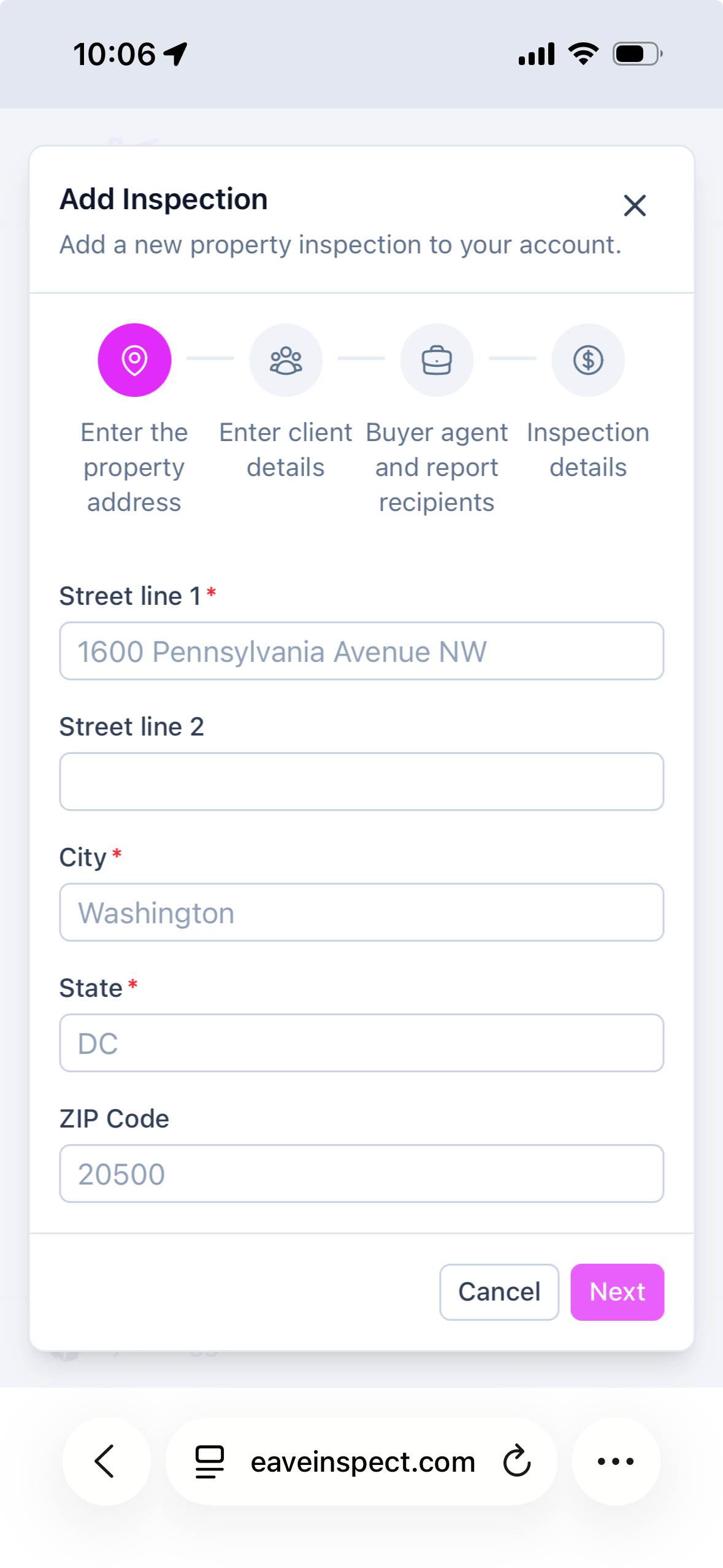 Screenshot of adding an inspection on Eave mobile web
