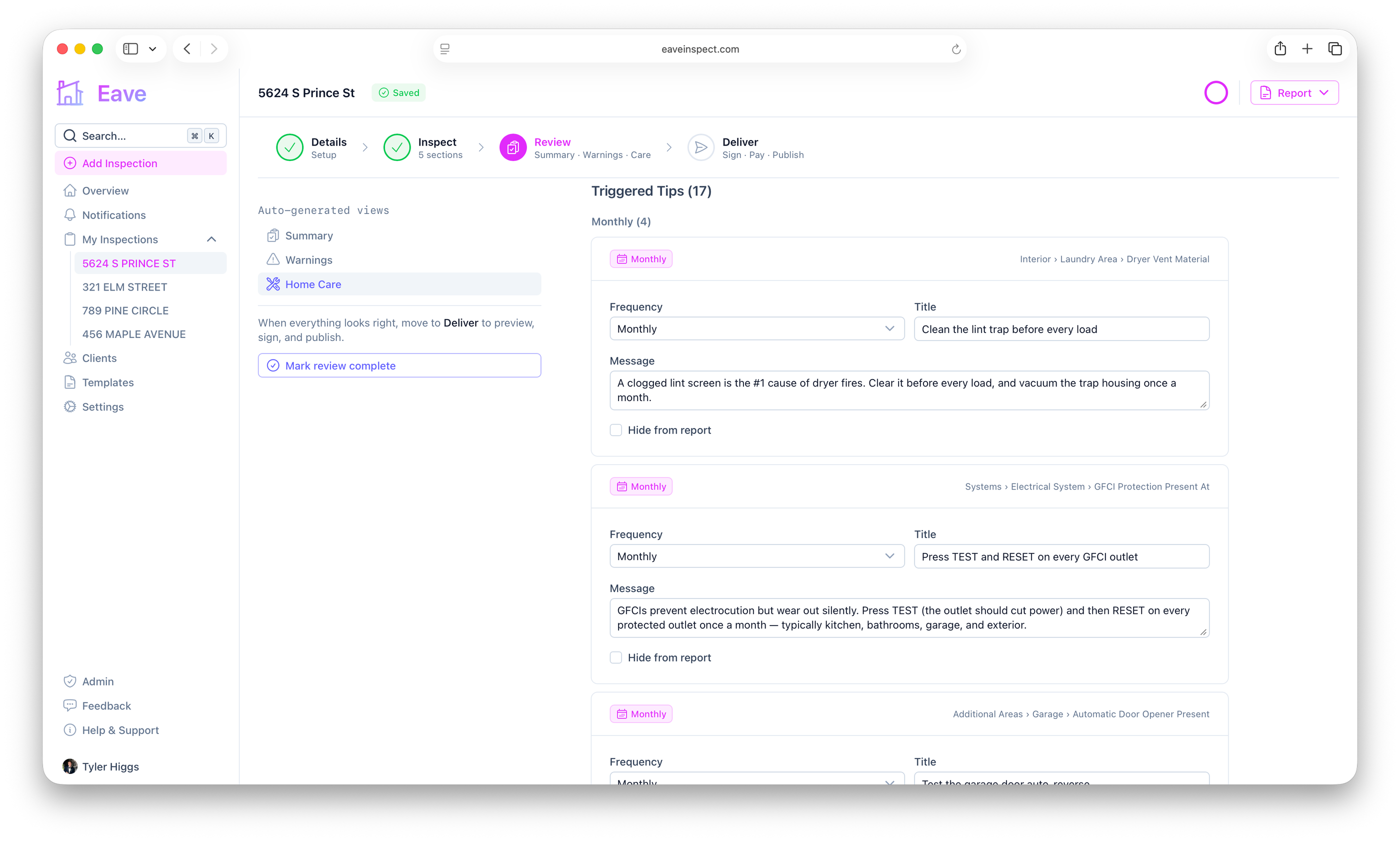 Screenshot of the Eave home-care tips page