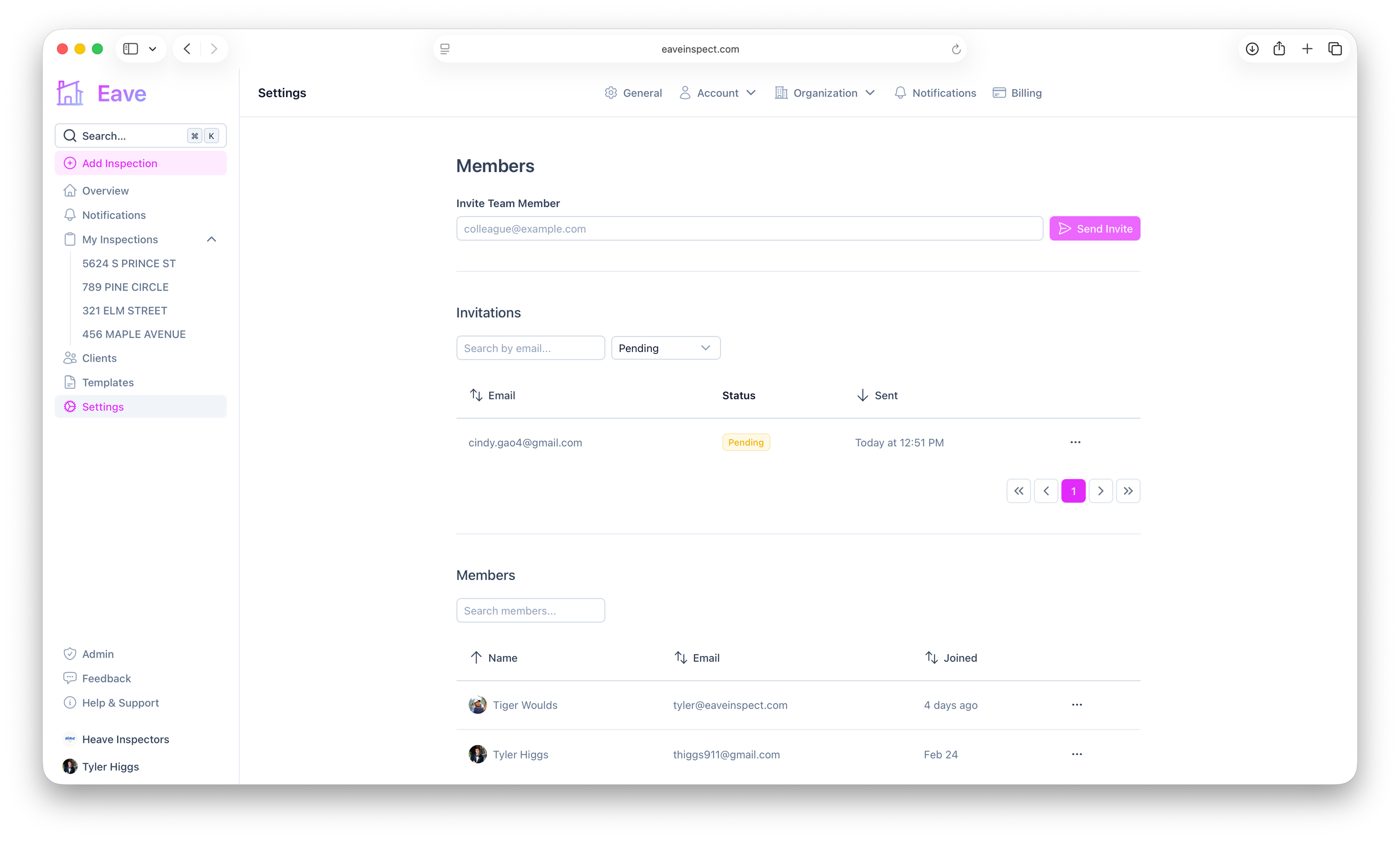 Screenshot of organization invitations in Eave