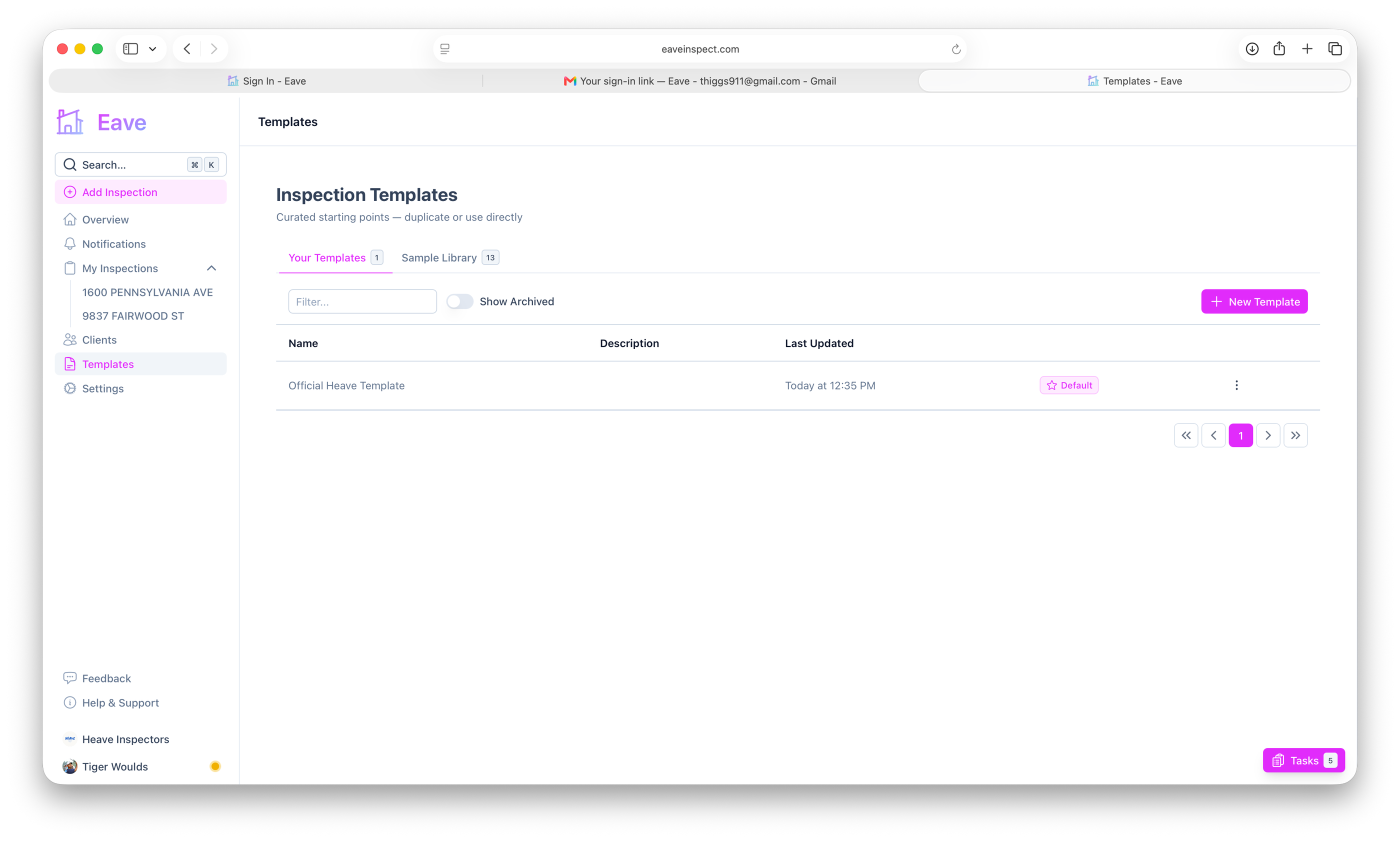 Screenshot of shared templates within an Eave organization