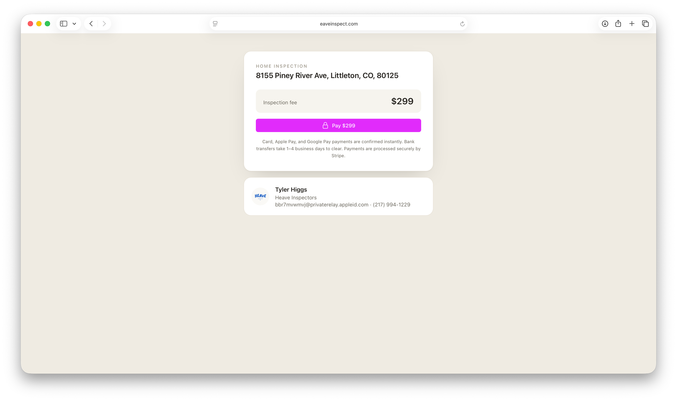 Screenshot of the Eave client payment page