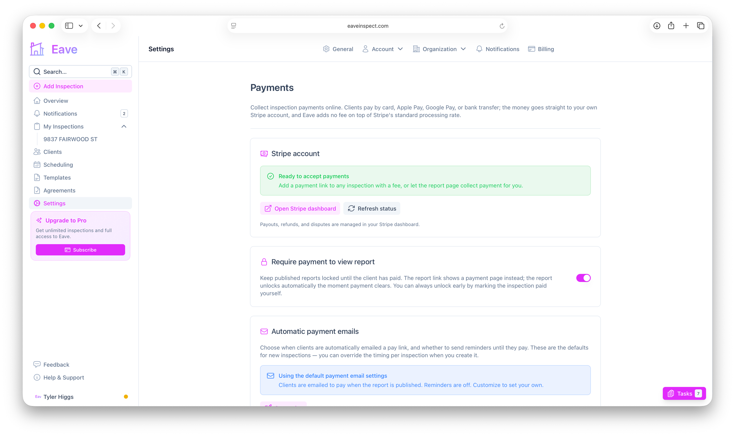 Screenshot of the Eave payment settings page