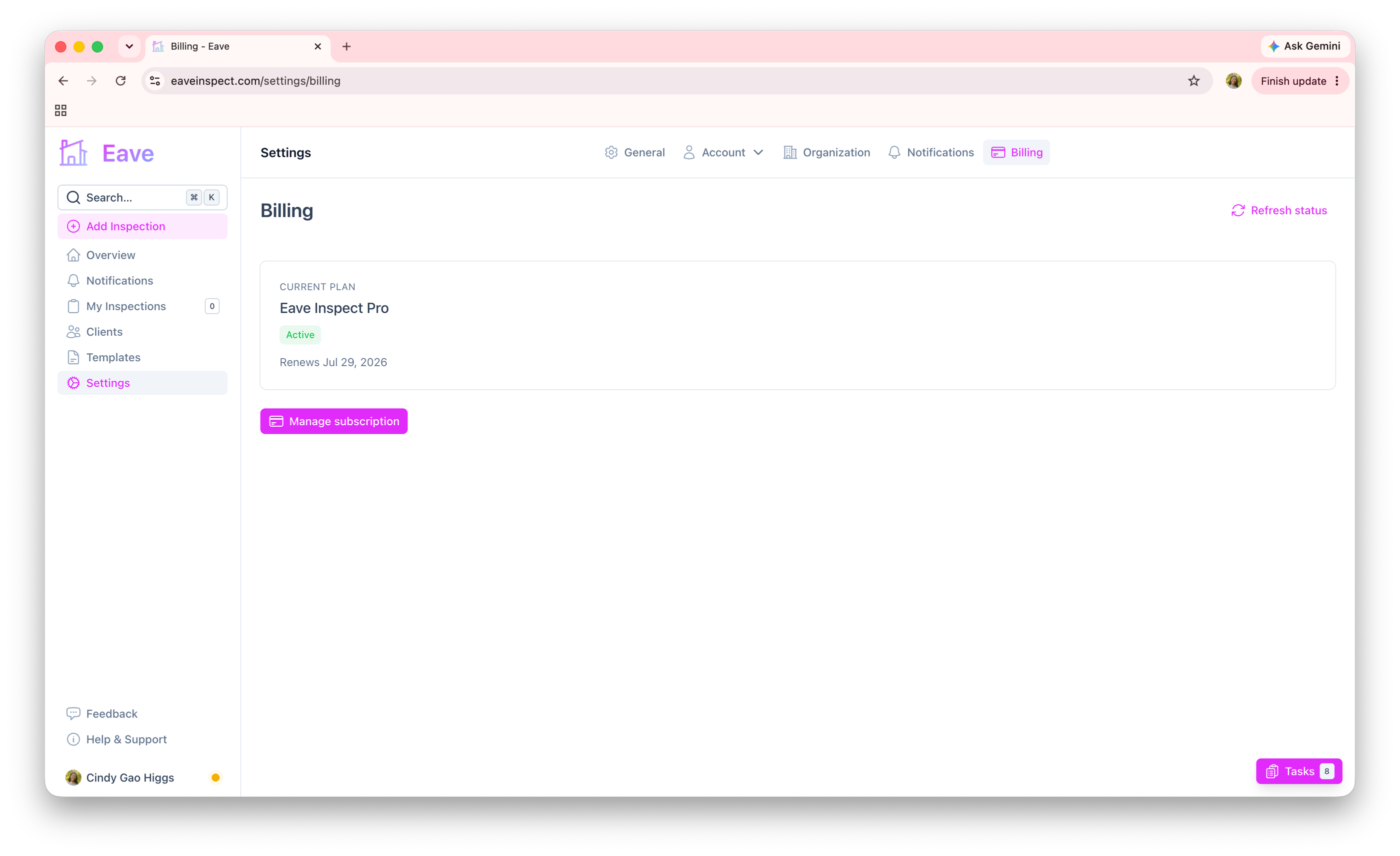 Screenshot of the Eave Pro billing page