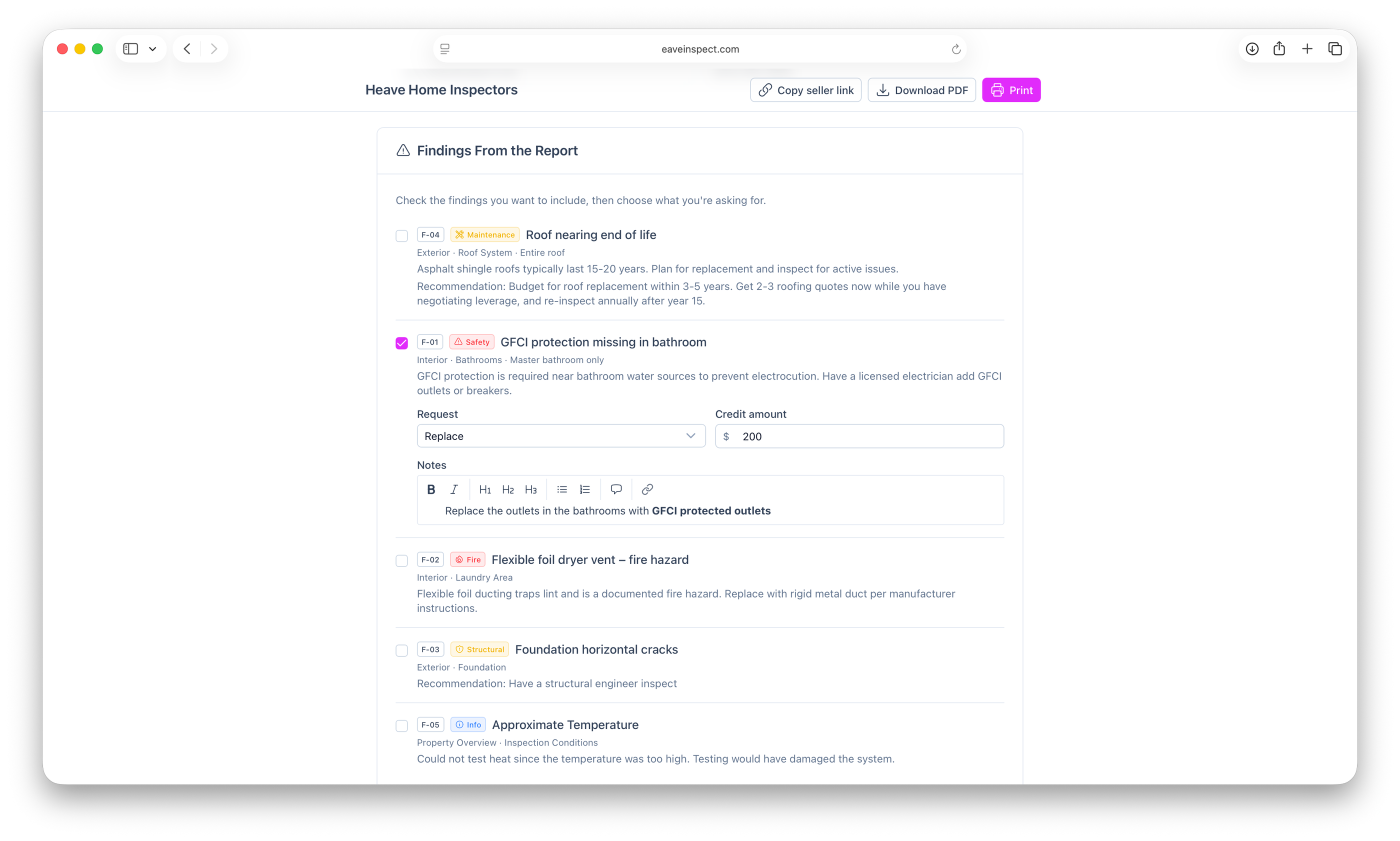 Screenshot of the Eave repair request editor
