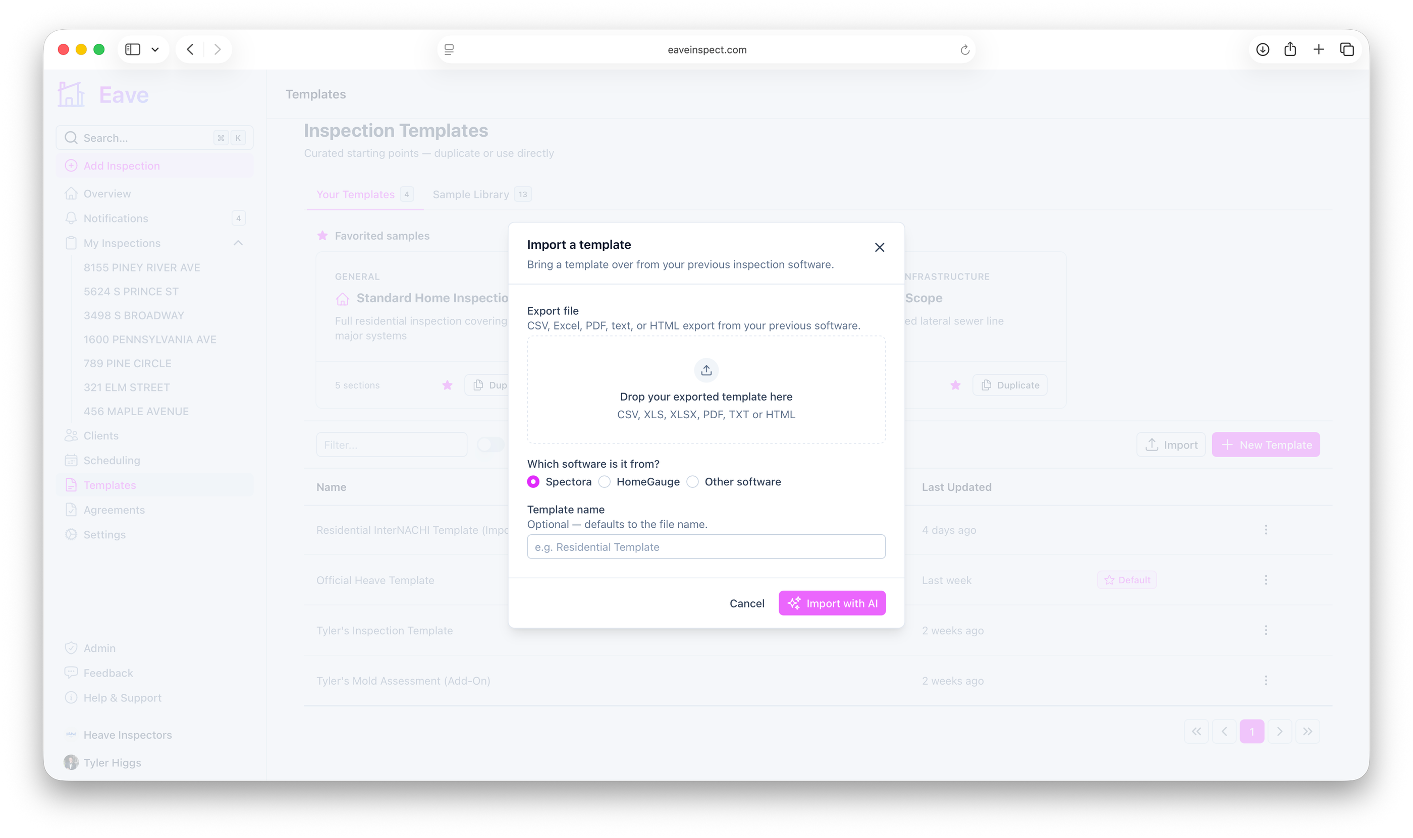 Screenshot of the Eave template import modal