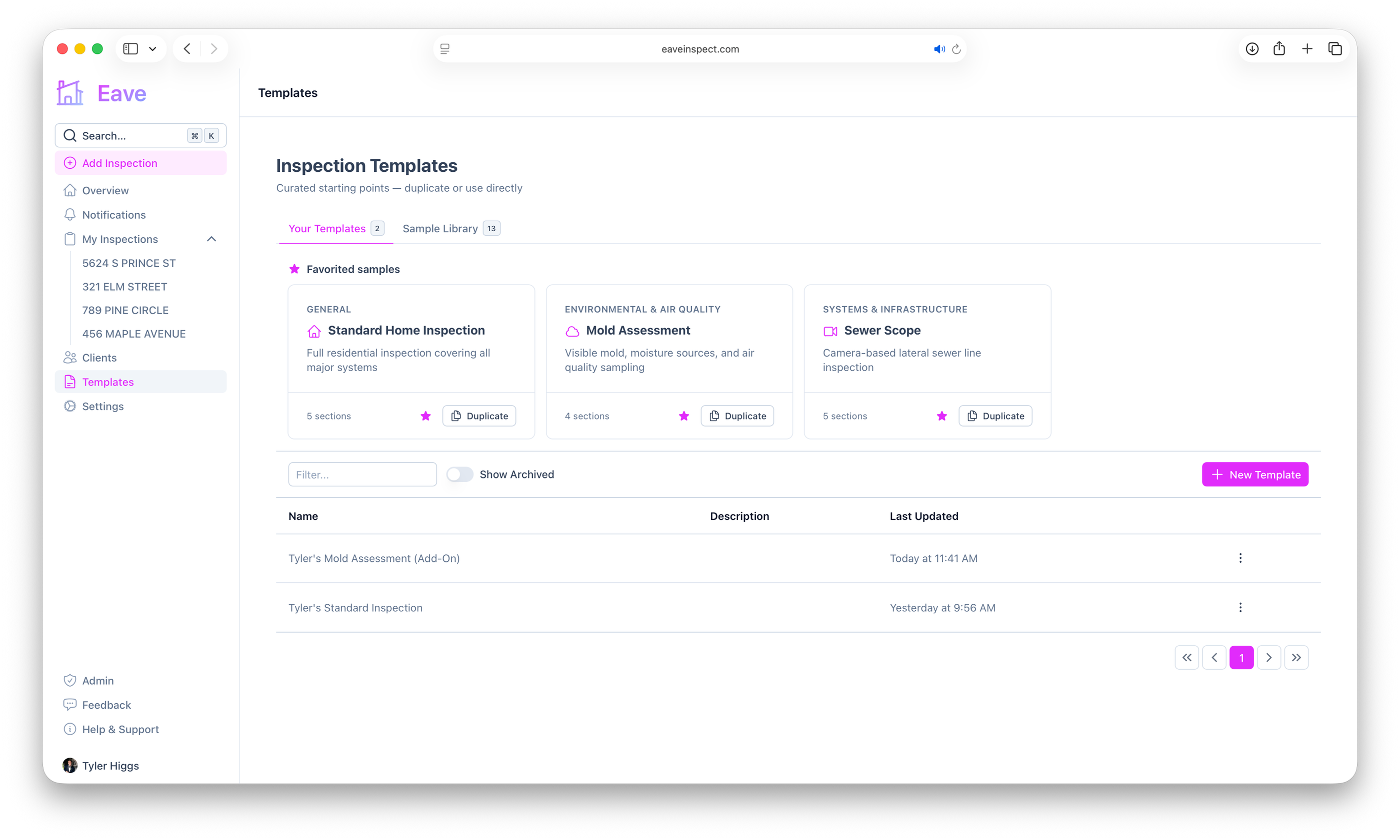 Screenshot of the Eave template library