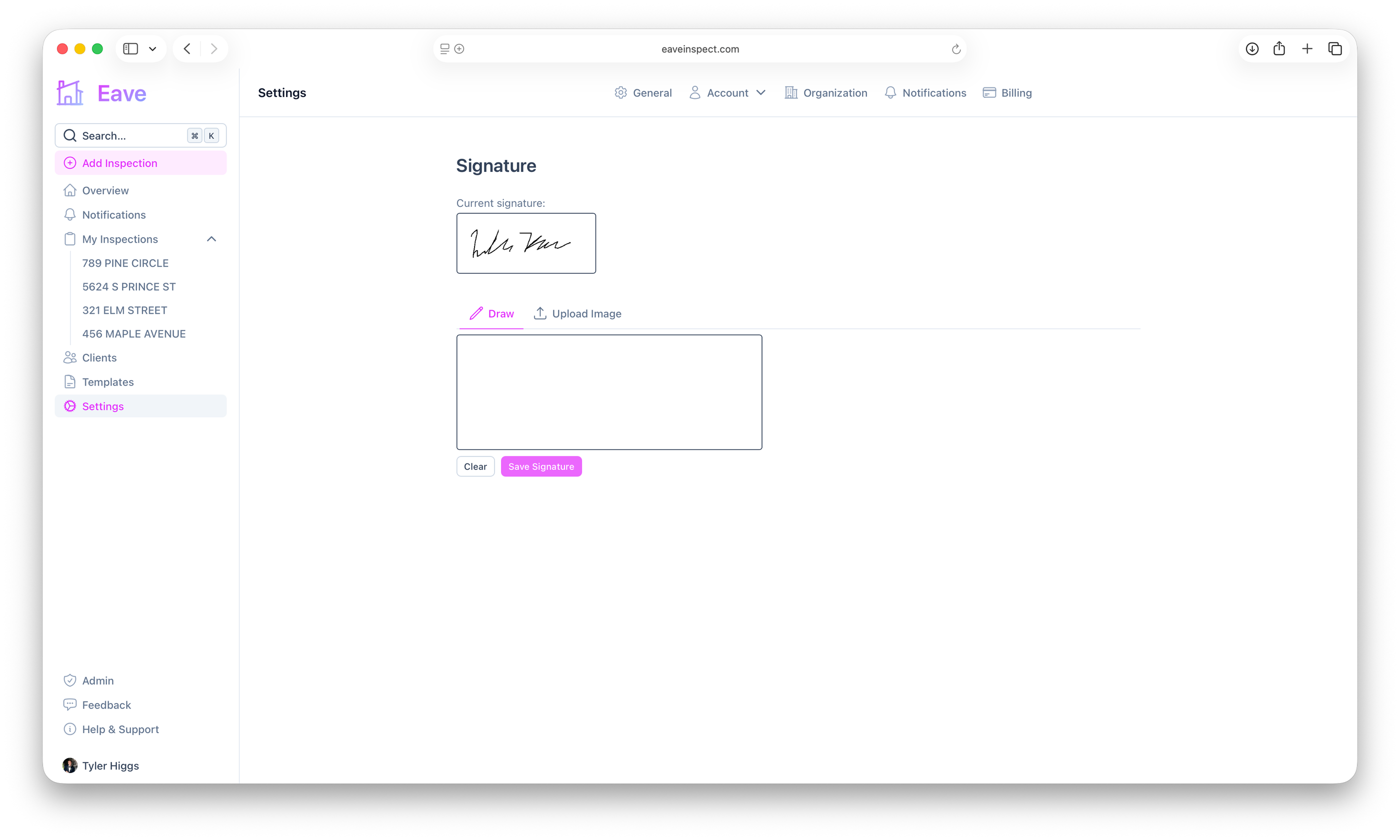 Screenshot of the Eave signature settings page