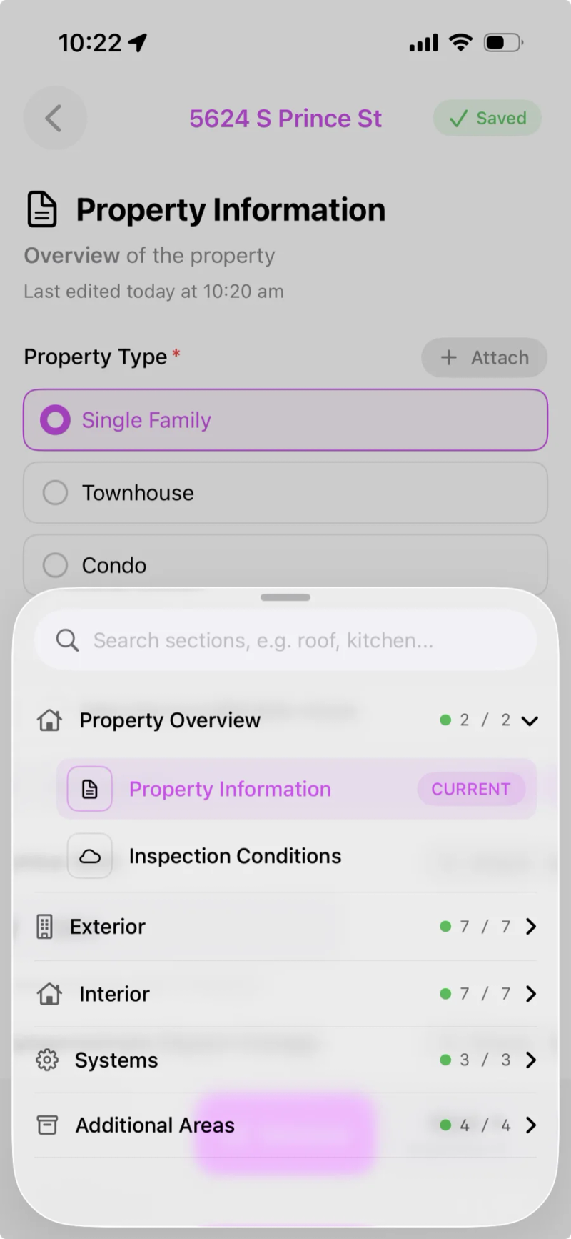 Screenshot of the Eave iOS section navigator with search